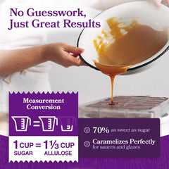 Measuring scoops with Health Garden allulose demonstrating simple sugar-to-allulose conversions