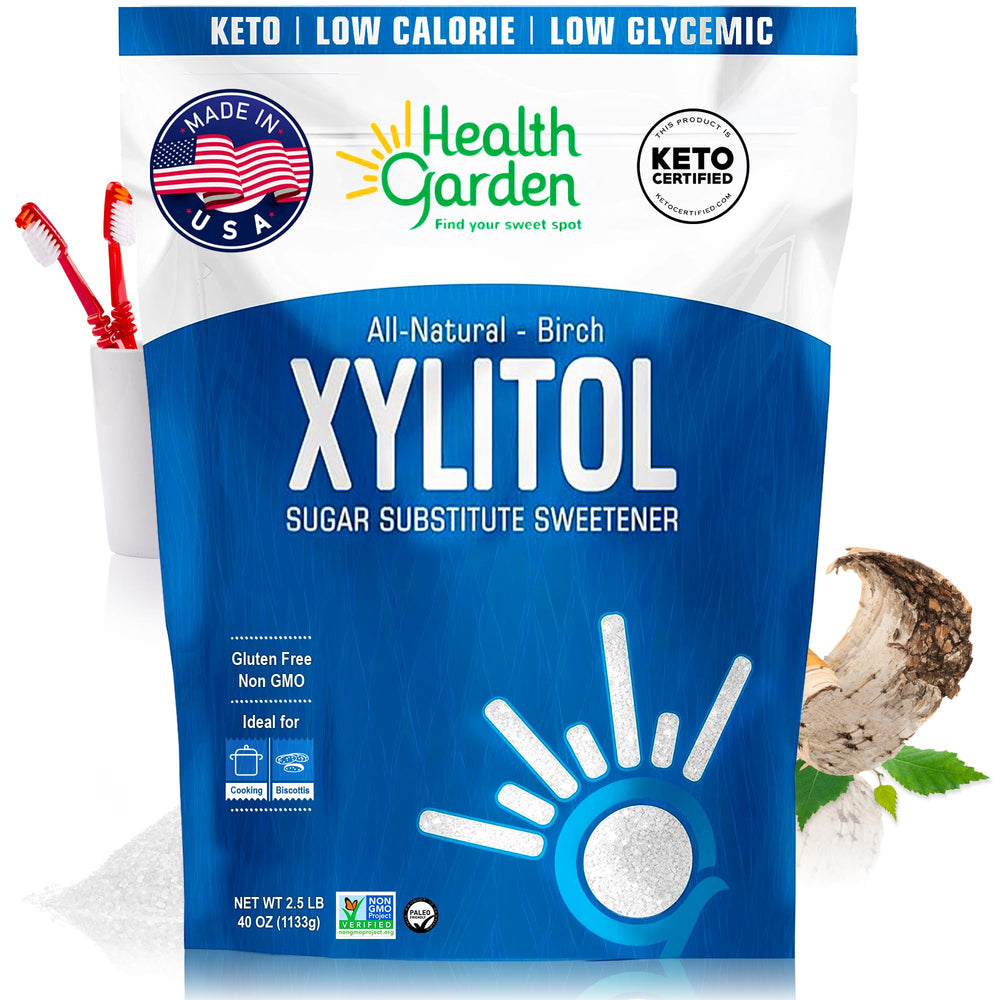 Health Garden birch xylitol front pouch showing product branding and weight, convenient storage