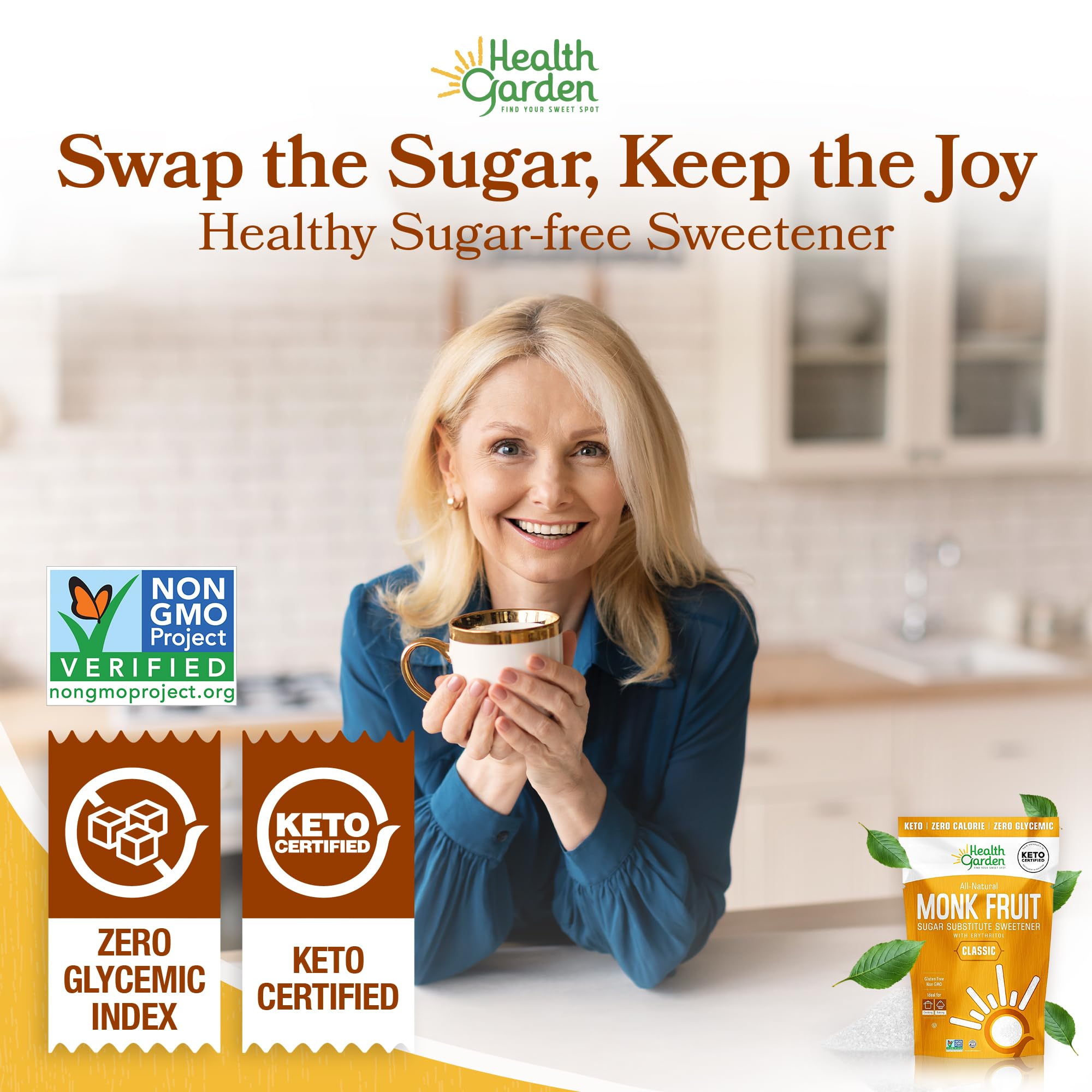Health Garden measured cup demonstrating 1:1 sugar substitution convenience