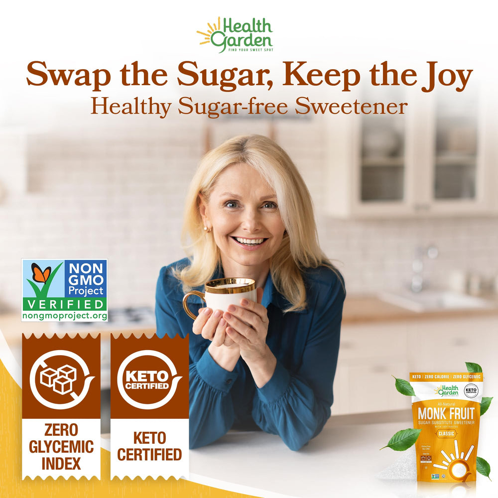 Health Garden measured cup demonstrating 1:1 sugar substitution convenience