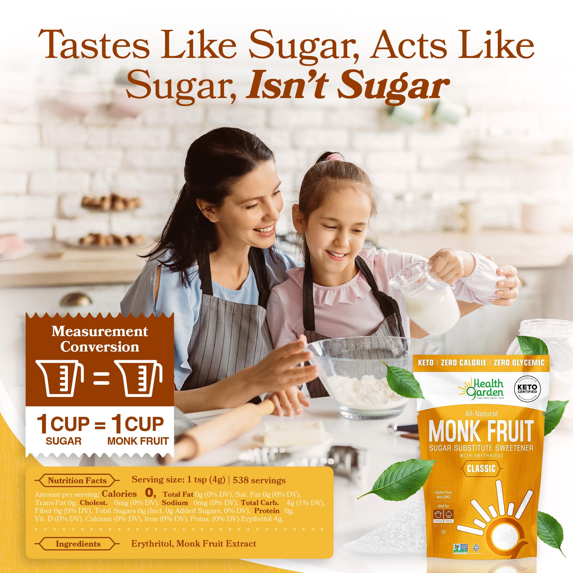 Health Garden open tub with granulated monk fruit sweetener for easy scooping
