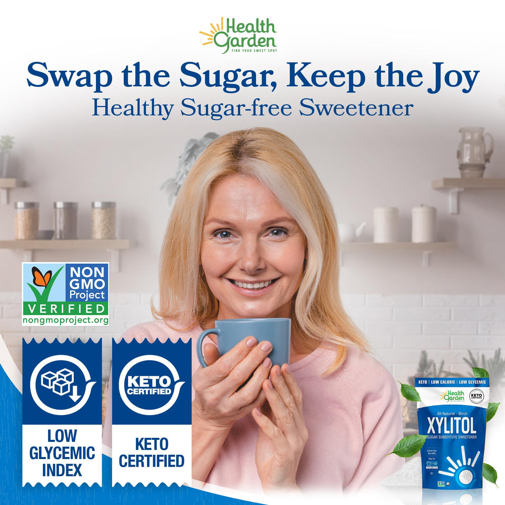 Scoop pouring Health Garden xylitol into a bowl demonstrating easy measuring and use