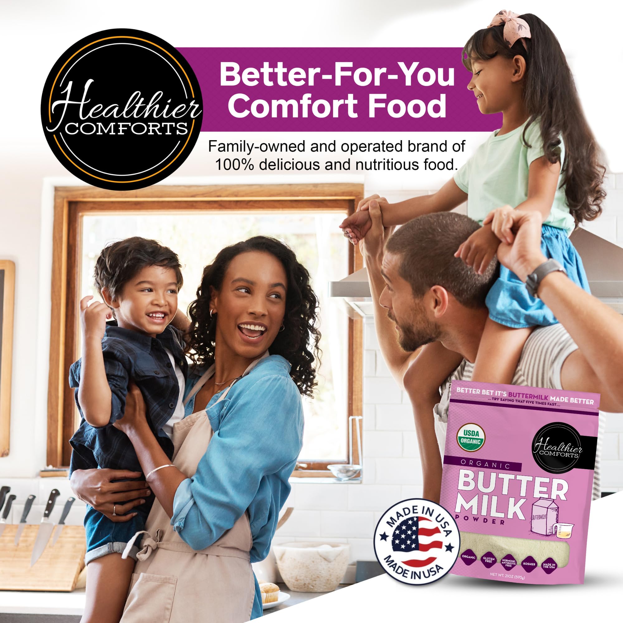 Healthier Comforts stored in pantry illustrating compact shelving and long shelf life