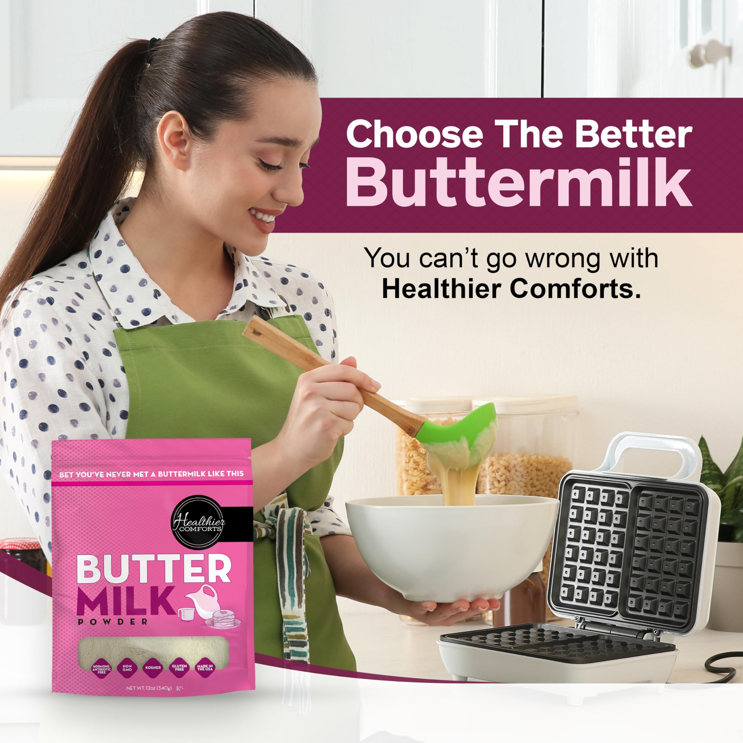 Healthier Comforts label with kosher gluten-free non-GMO badges