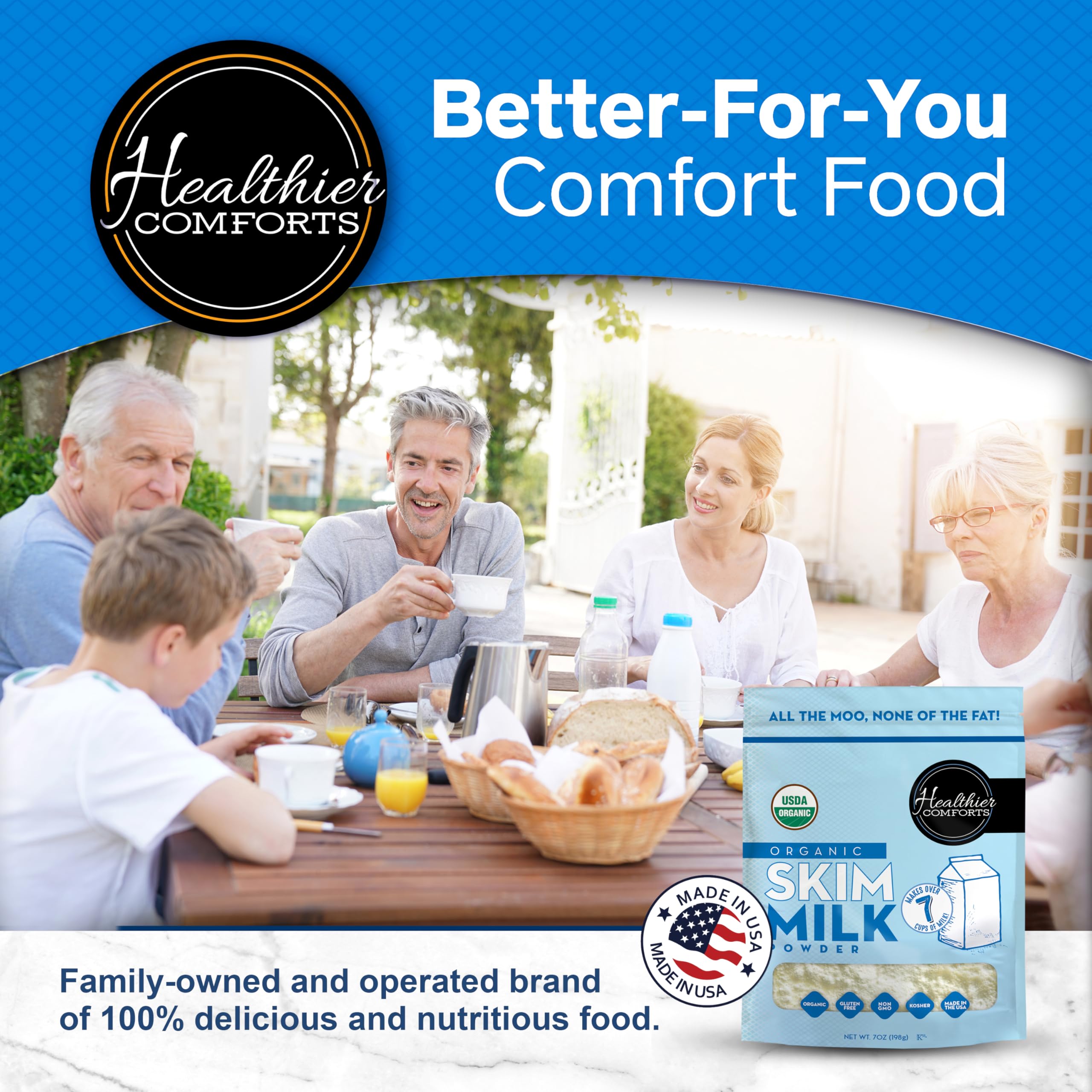 Healthier Comforts certification labels close-up highlighting USDA Organic non-GMO