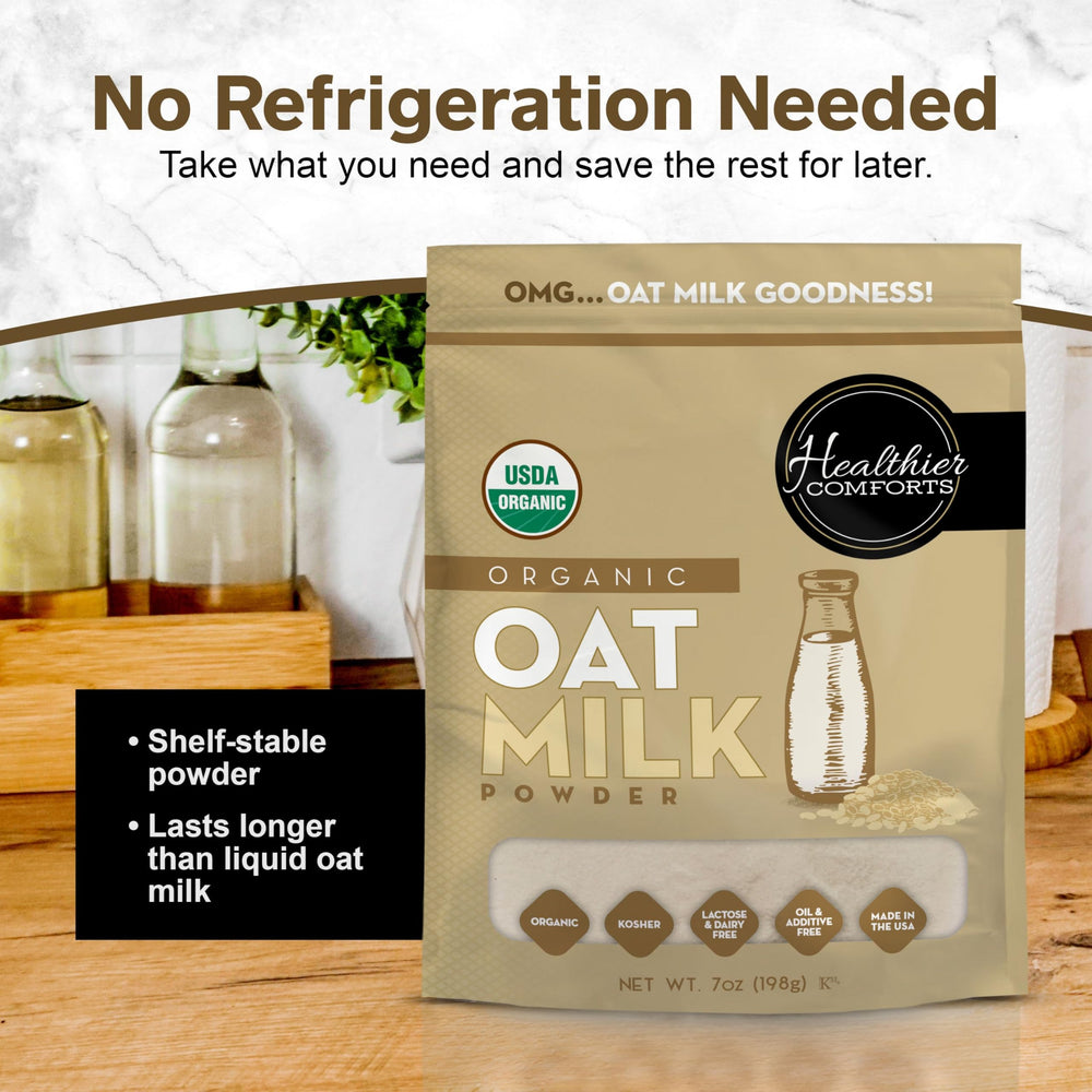 Healthier Comforts latte pour using oat milk, illustrating froth and coffee compatibility