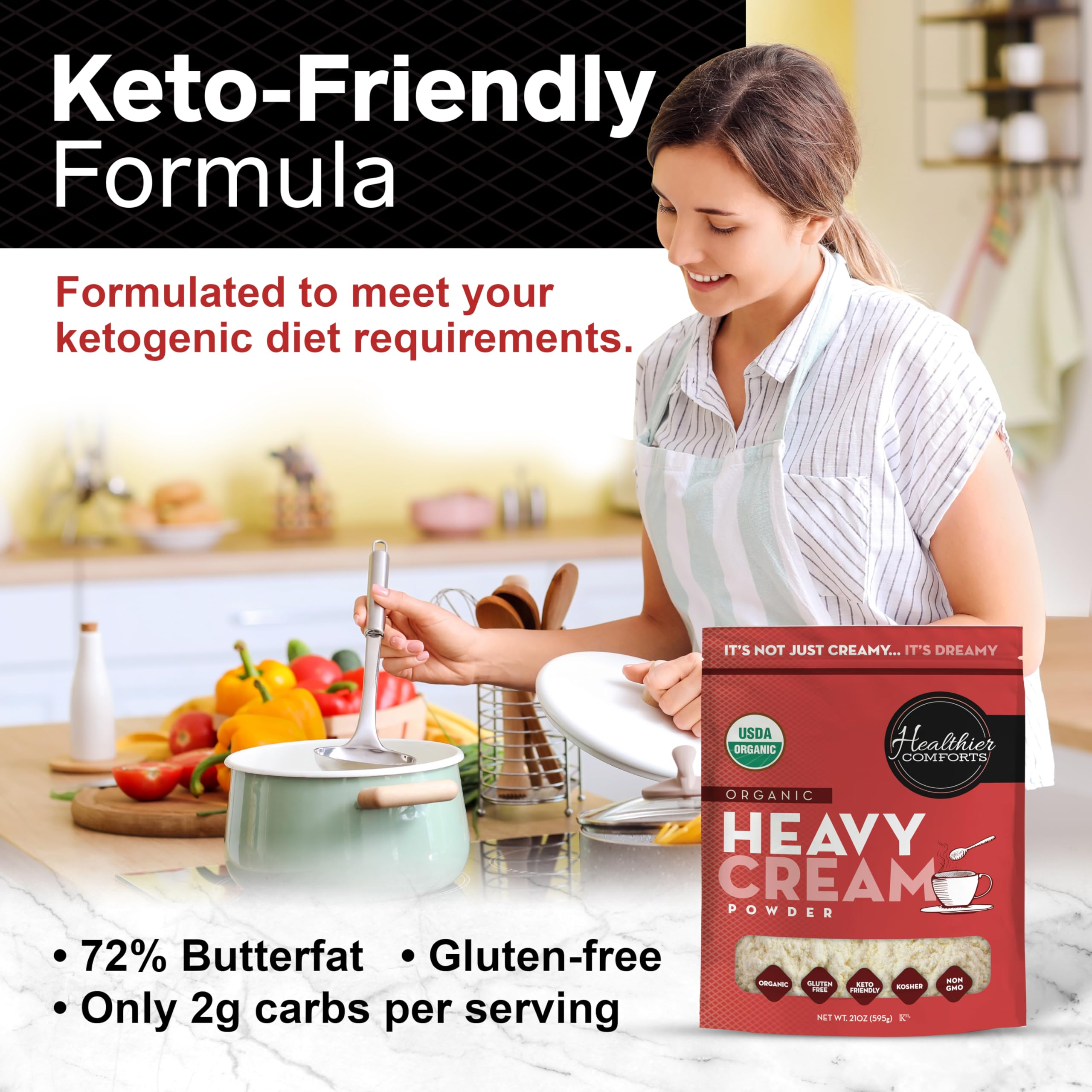 Healthier Comforts cream poured into coffee adding rich flavor and creaminess