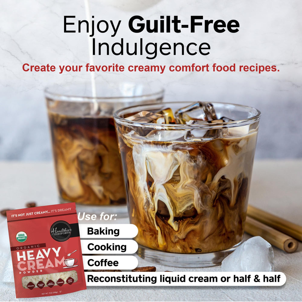 Healthier Comforts creamer in coffee cup adding rich flavor and creamy mouthfeel