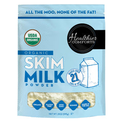 Healthier Comforts front label showing organic 21oz container and benefits