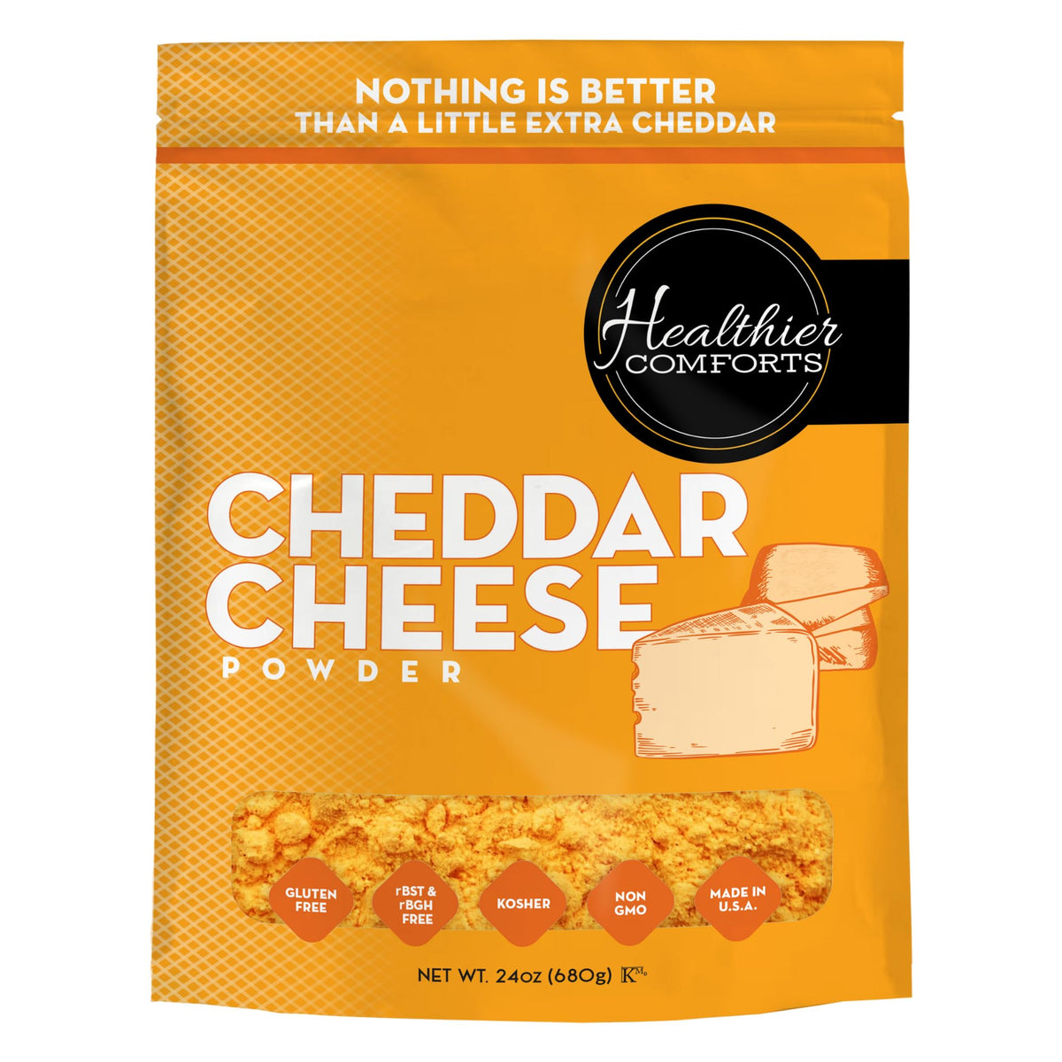 Healthier Comforts front packaging showing 1.5 lb pouch and clear label benefits