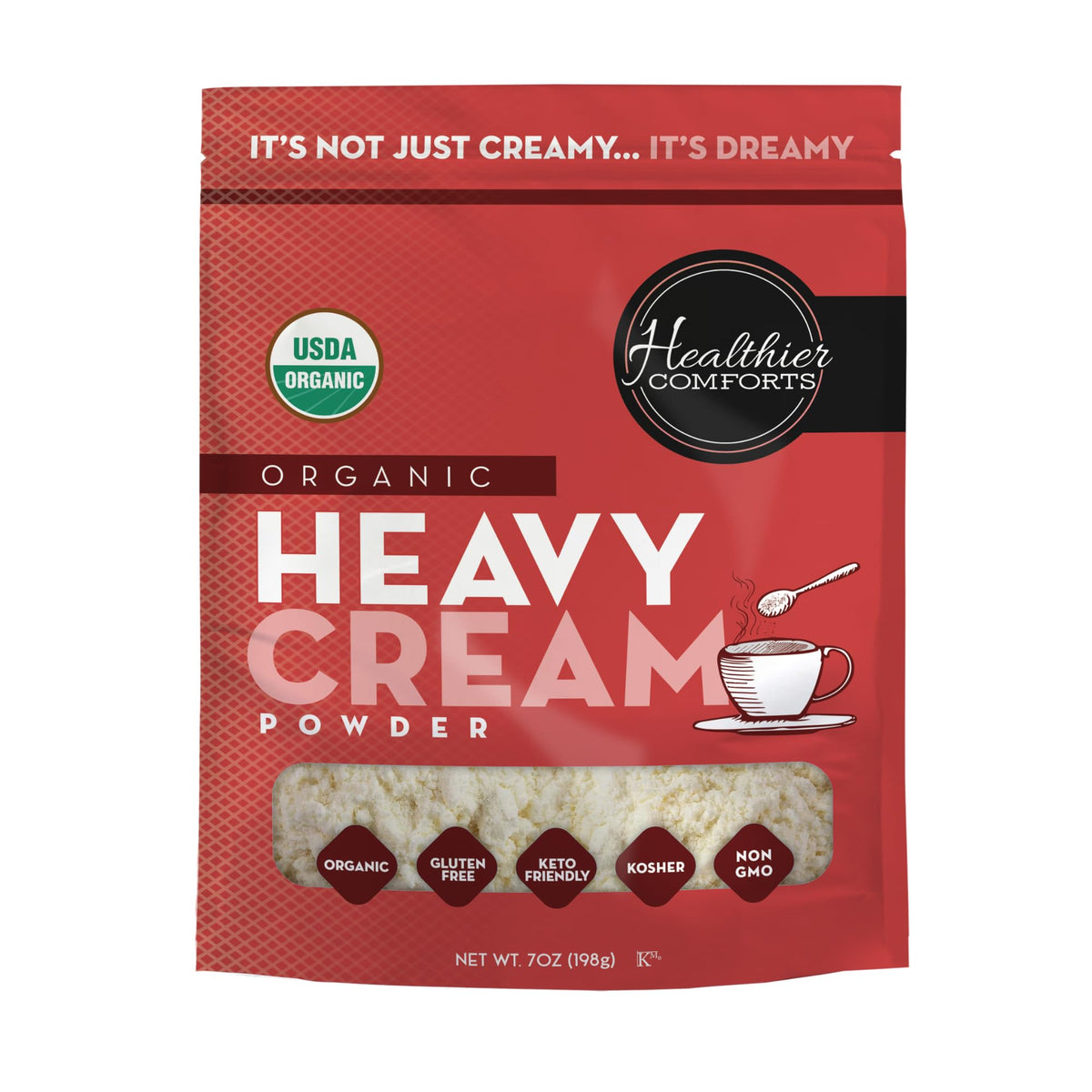 Healthier Comforts front packaging showing organic powdered heavy cream benefits