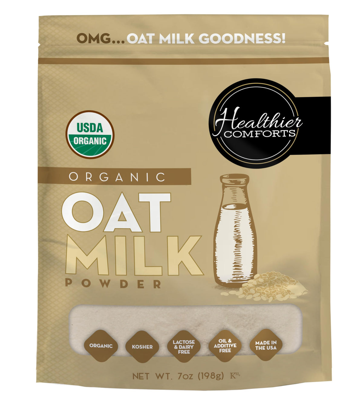 Healthier Comforts front pouch showing organic oat milk powder, clear ingredient benefit