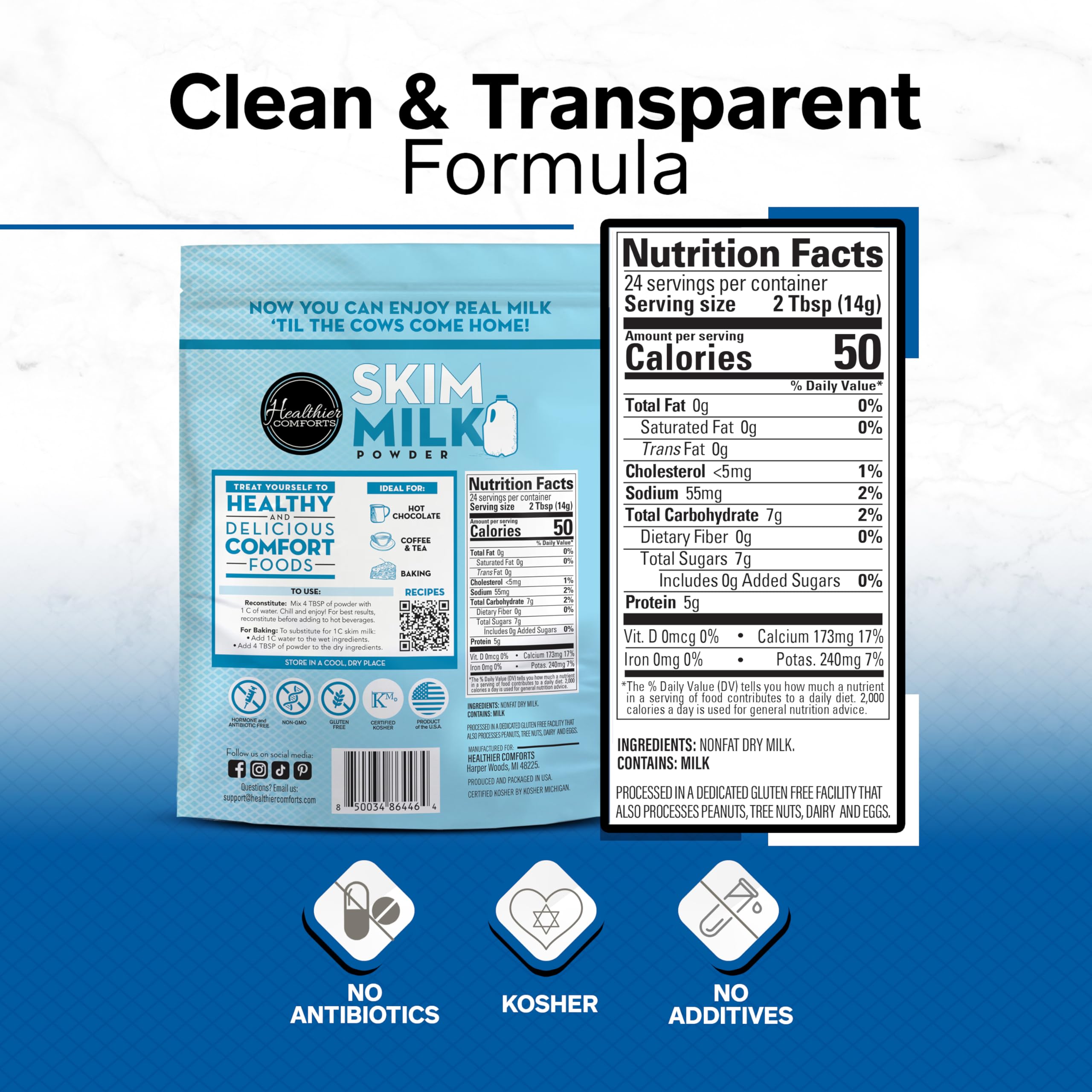 Healthier Comforts ingredient label highlighting non-GMO, kosher, gluten free