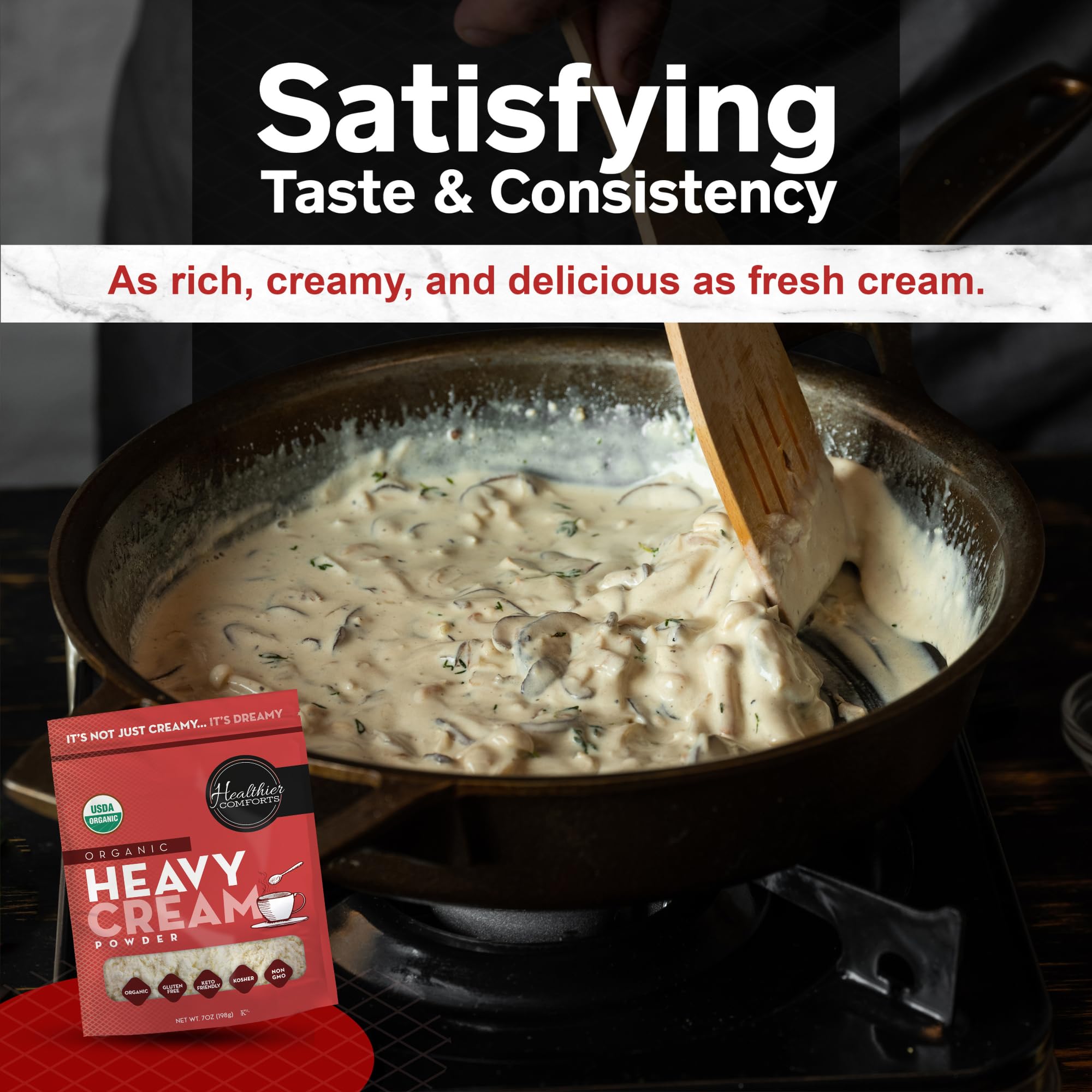 Healthier Comforts measuring spoon with powder illustrating easy portion control