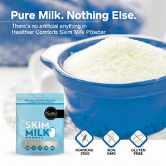 Healthier Comforts open bag close-up of fine skim milk powder texture