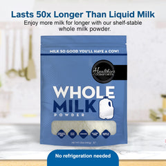 Healthier Comforts reconstituted glass of milk demonstrating creamy taste and use