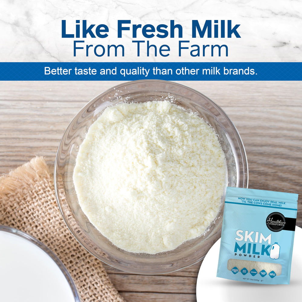 Healthier Comforts reconstituted milk in glass ready to drink, shows convenience