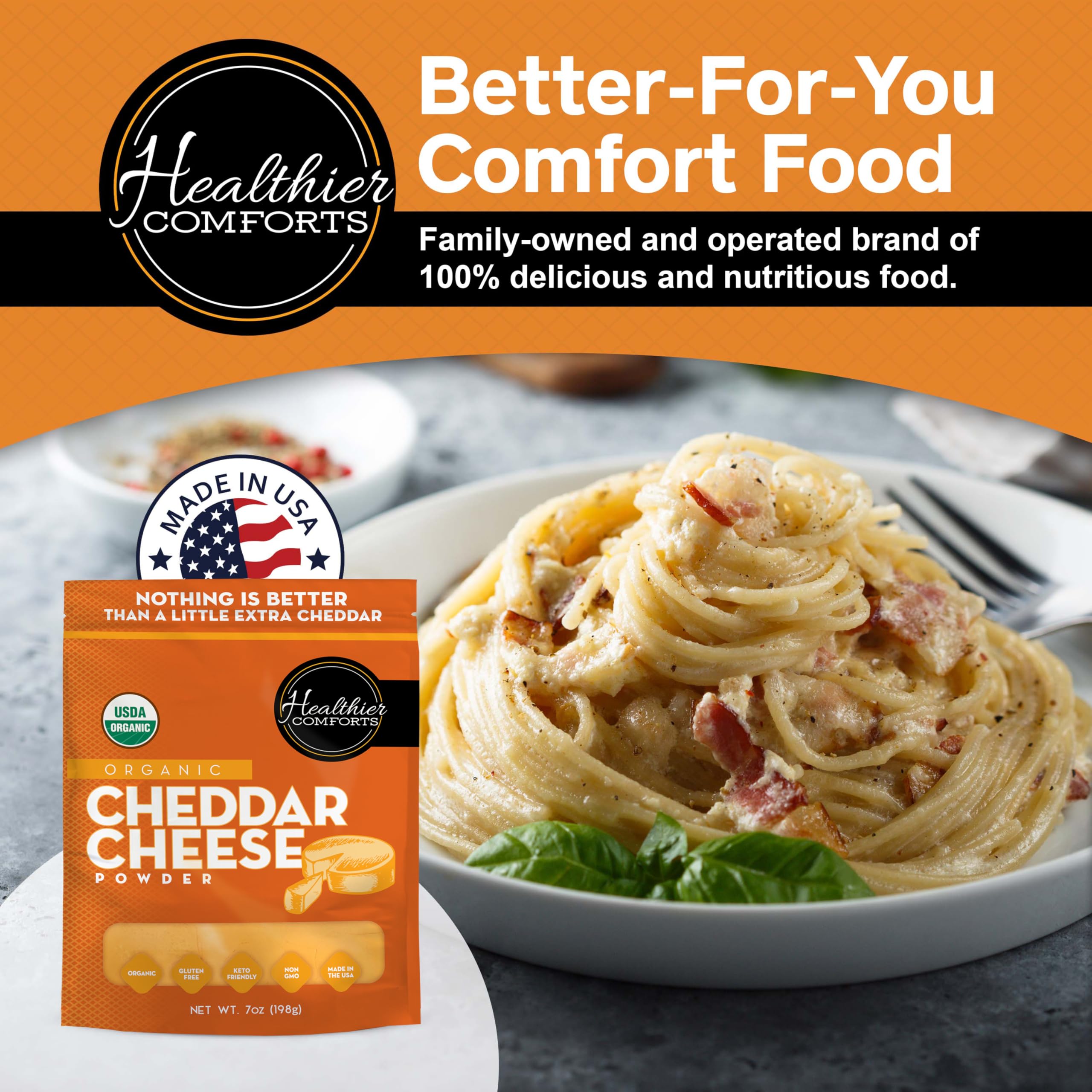 Healthier Comforts powder next to measuring spoon for portioning ease