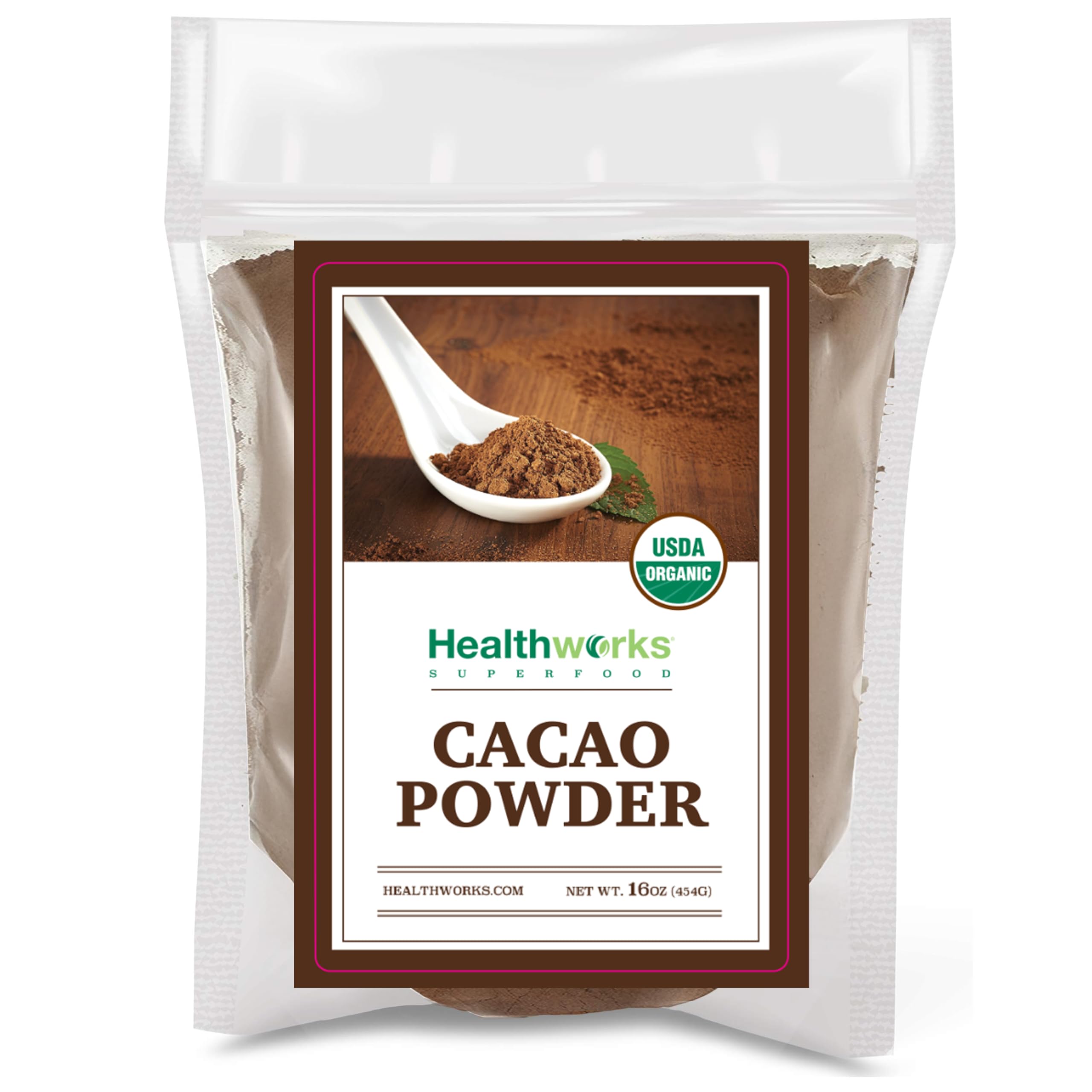 Healthworks Superfoods front packaging showing organic cacao, clear product identity and benefit