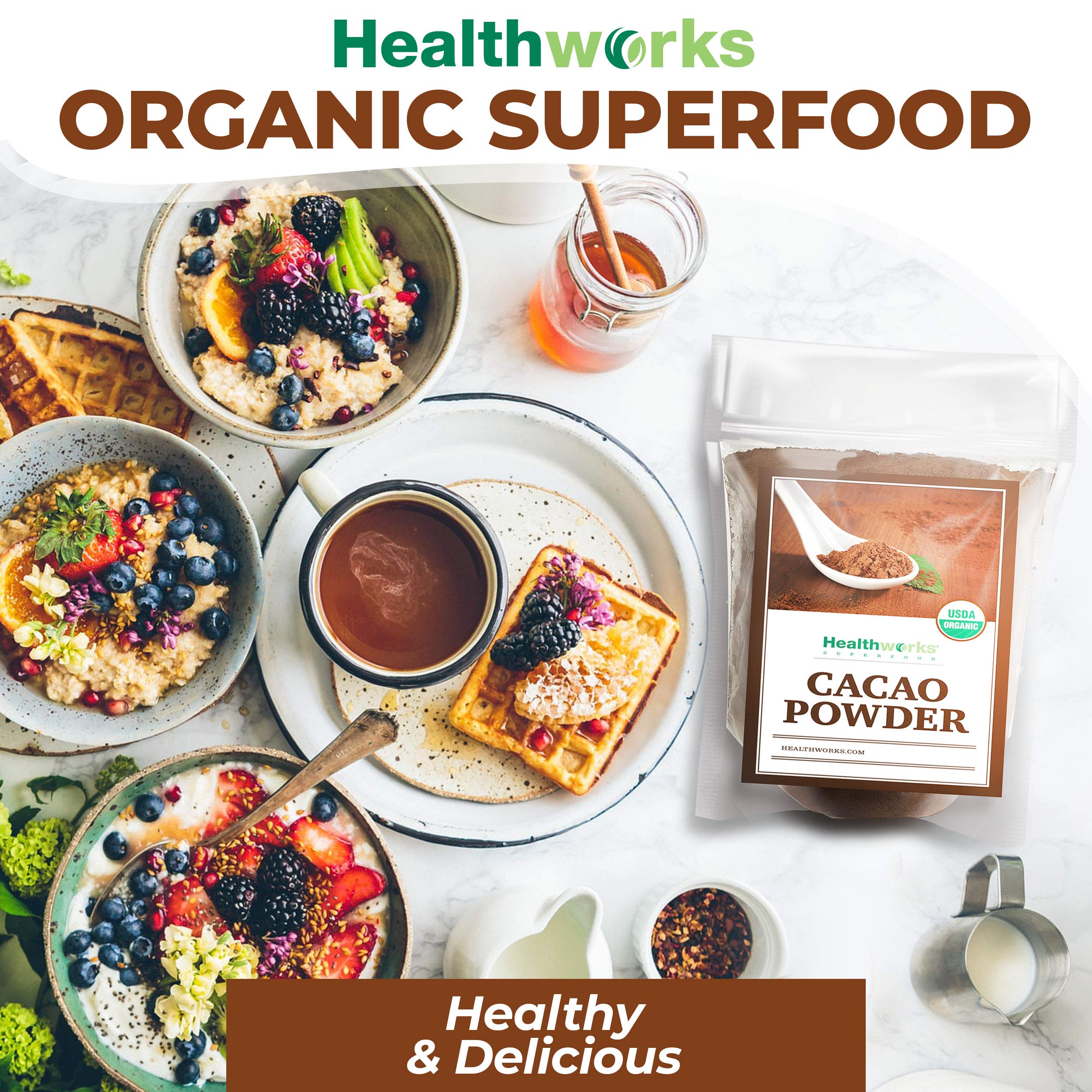 Healthworks Superfoods product label with organic and non-GMO seals showing quality benefit