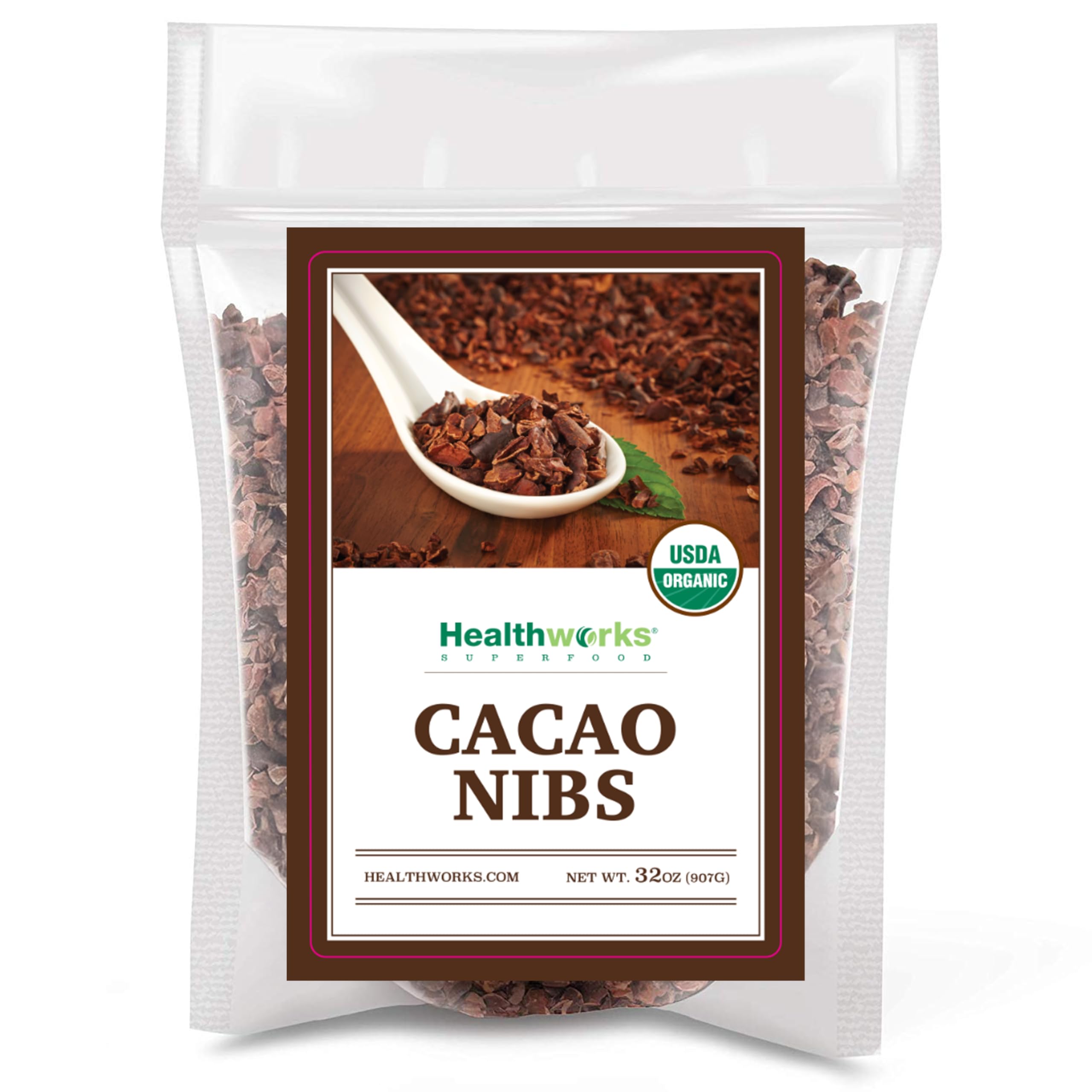 Healthworks Superfoods front packaging showing 2 lb organic cacao nibs and clear branding