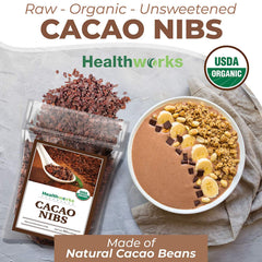 Healthworks Superfoods cacao nibs sprinkled on smoothie bowl adding bitter-sweet crunch