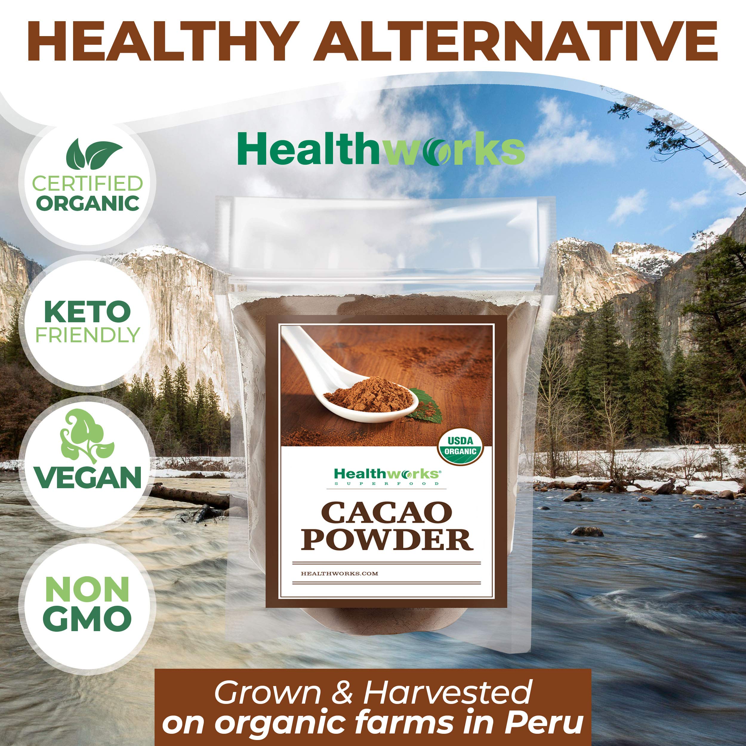 Healthworks Superfoods pouch label showing organic and non‑GMO certifications