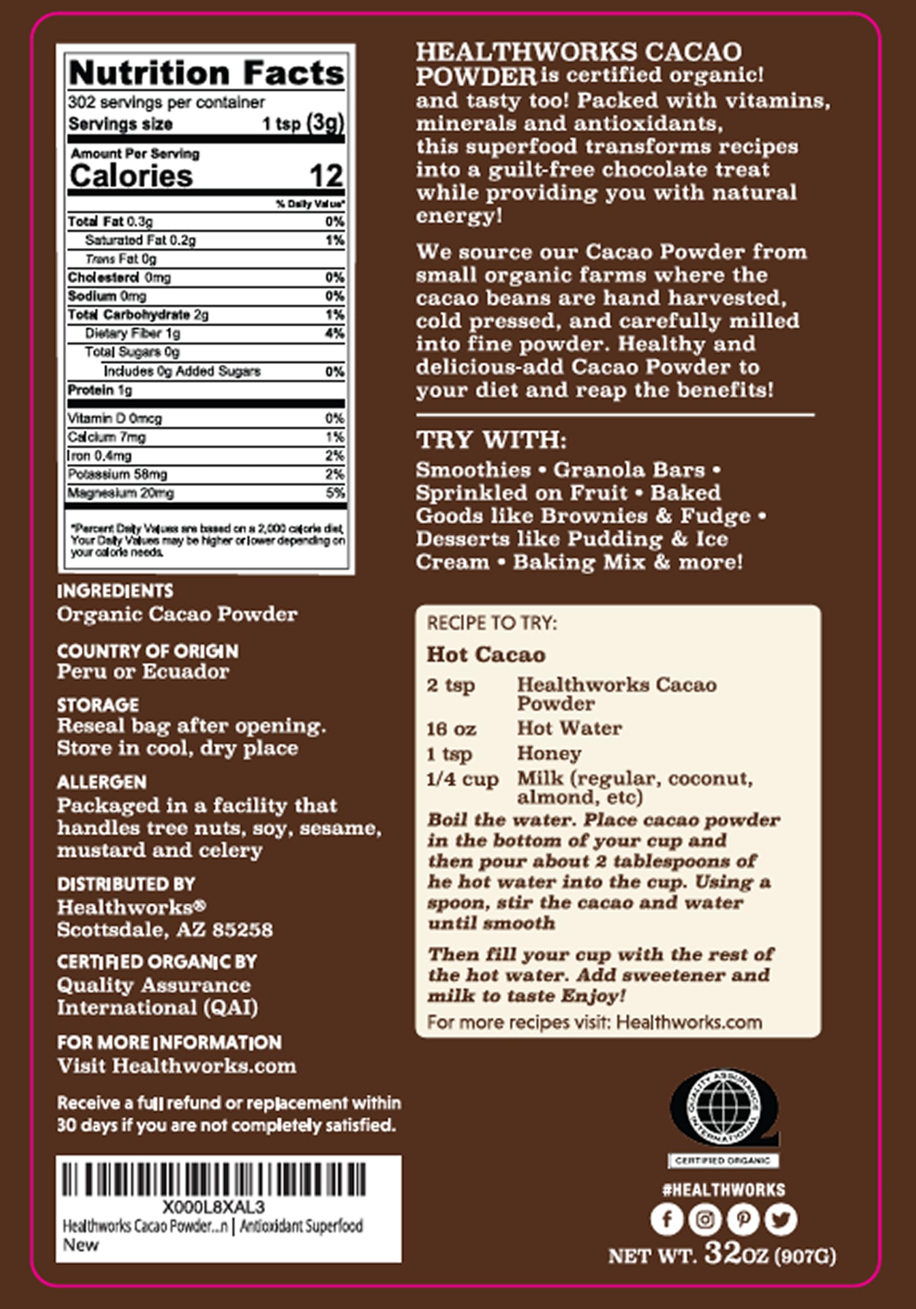 Healthworks Superfoods cacao powder close-up revealing fine texture and richness