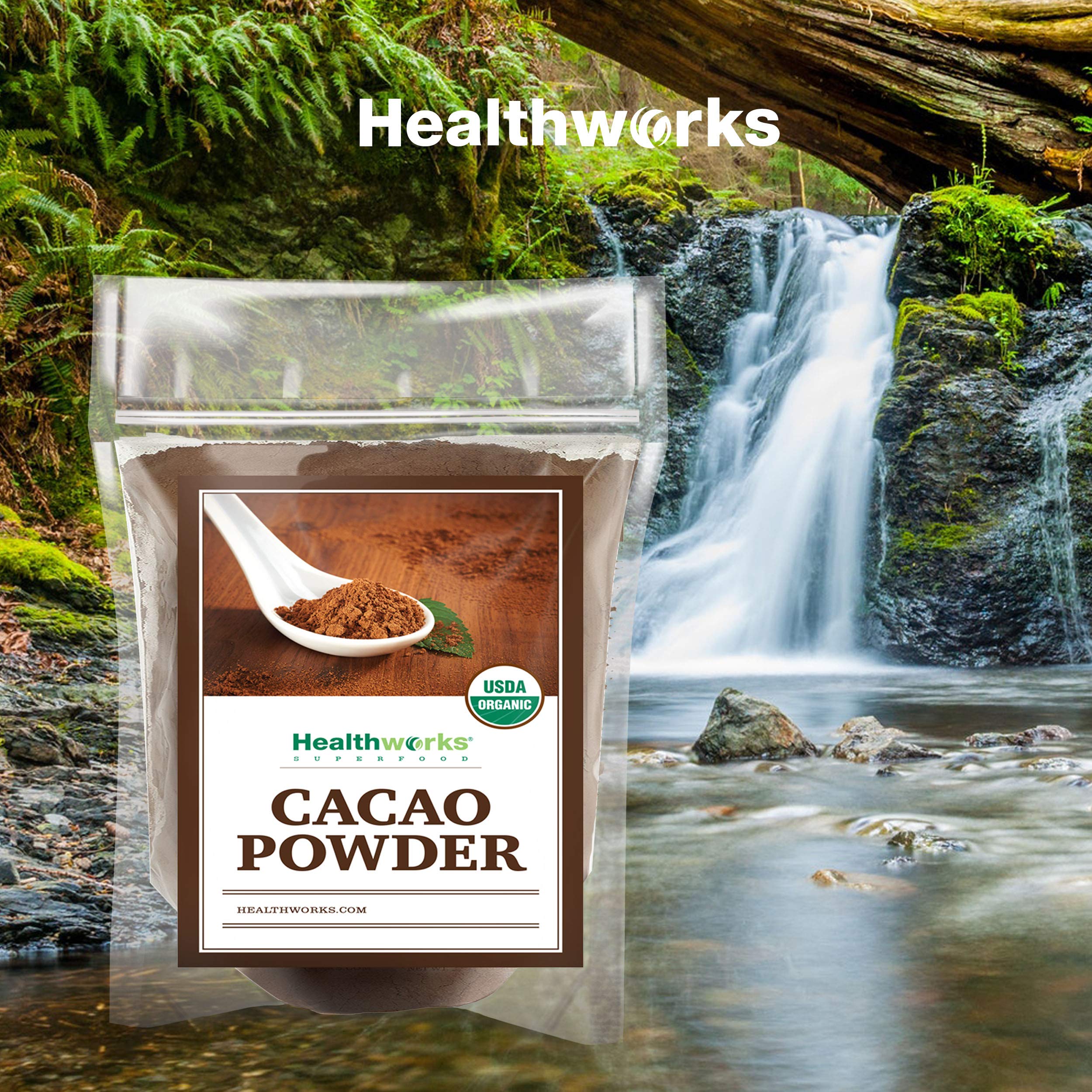 Healthworks Superfoods cacao beside scale showing 2 lb size and value