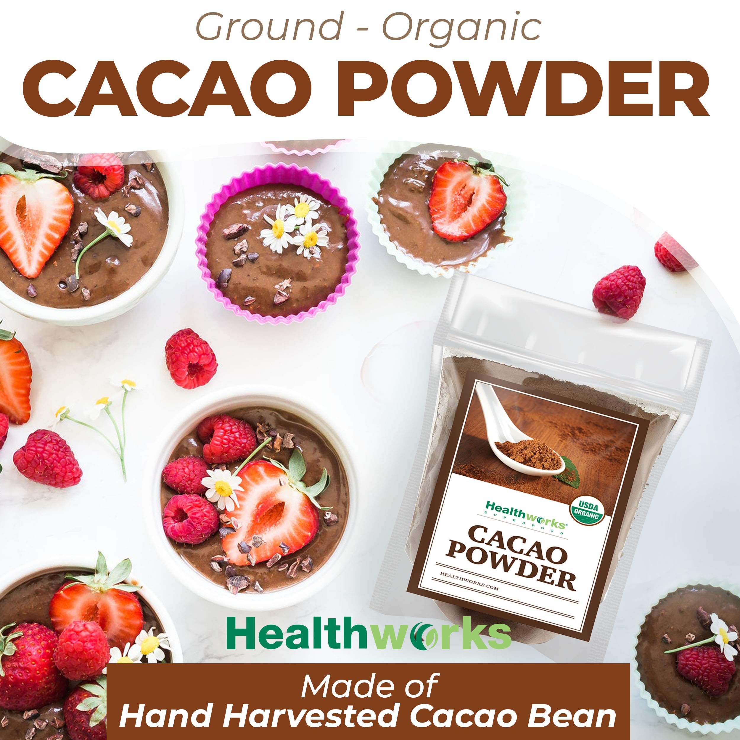 Healthworks Superfoods spoon measuring cacao powder for precise recipe use
