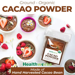 Healthworks Superfoods spoon measuring cacao powder for precise recipe use