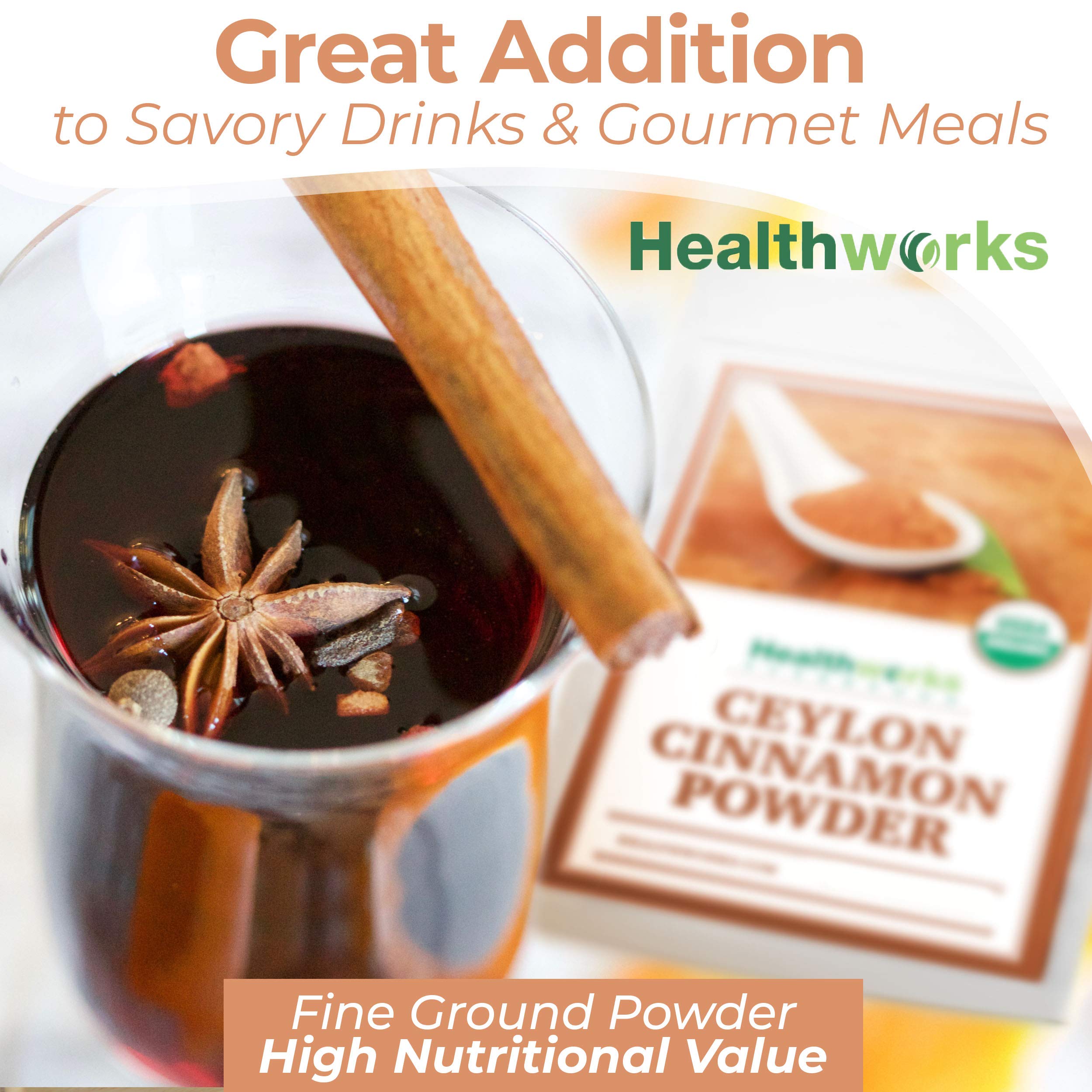 Healthworks Superfoods cinnamon in bowl beside fruit, enhances smoothies and yogurt flavor