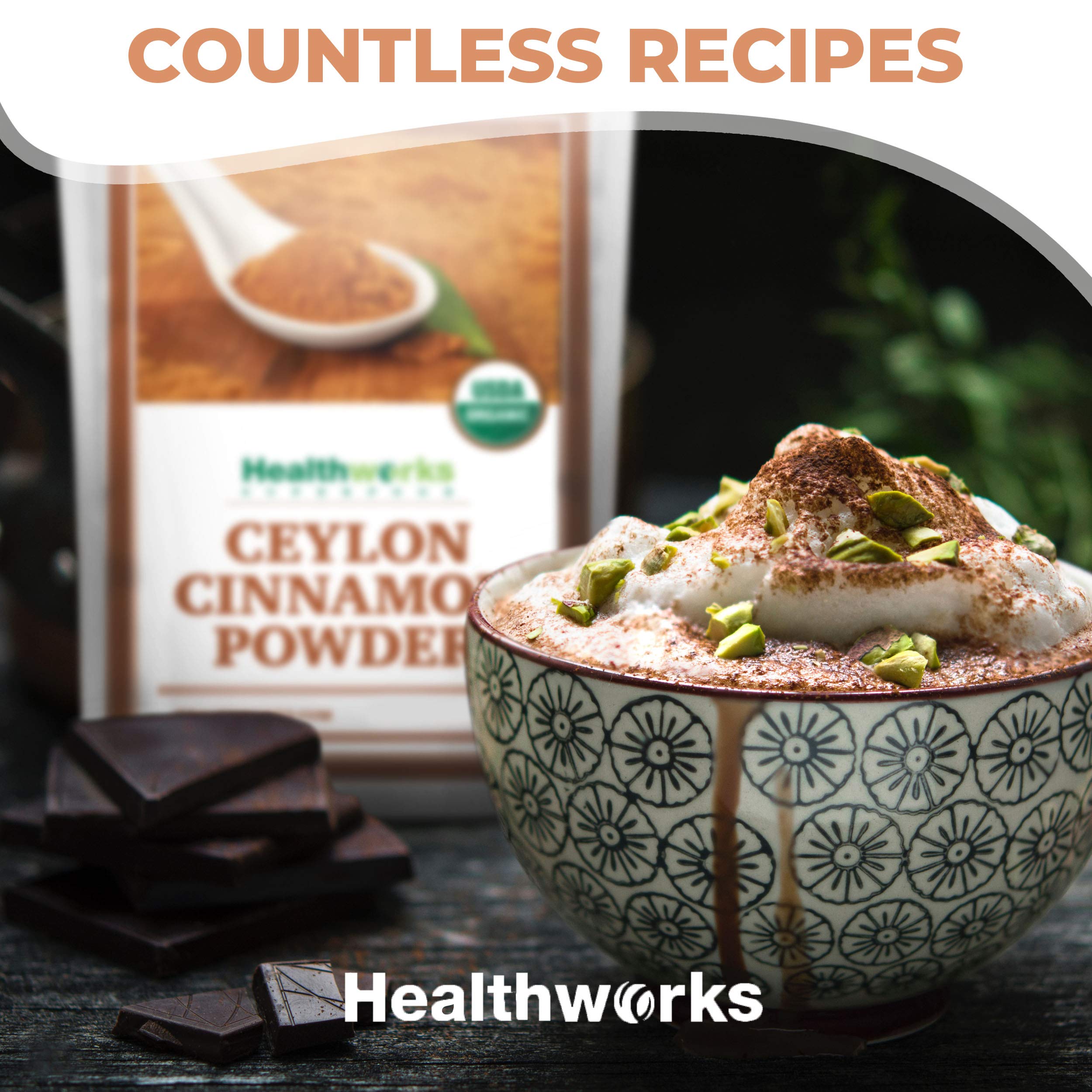 Healthworks Superfoods cinnamon jar in a kitchen setting, suggests everyday culinary use