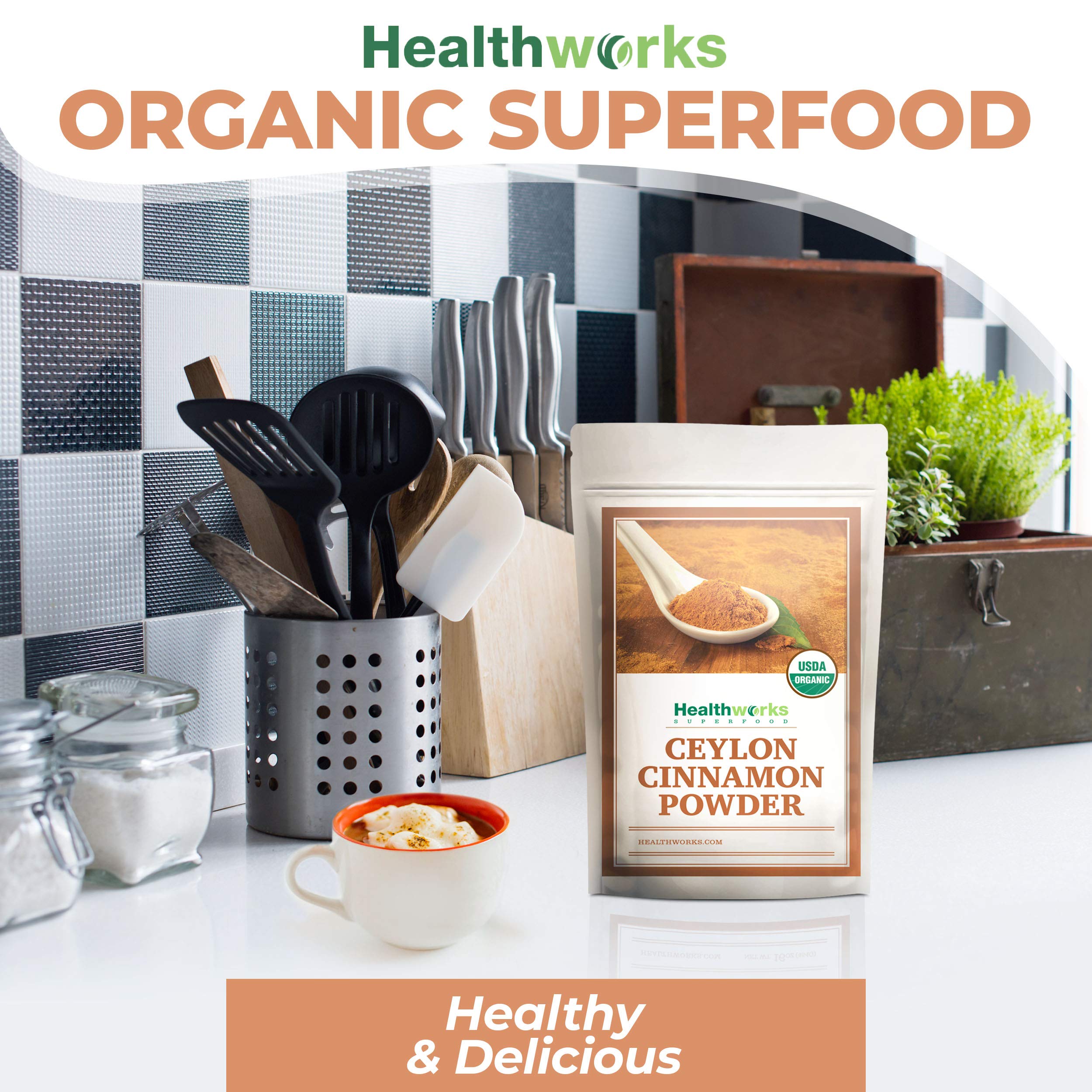 Healthworks Superfoods pouring cinnamon into a mug, enriches hot drinks with subtle aroma