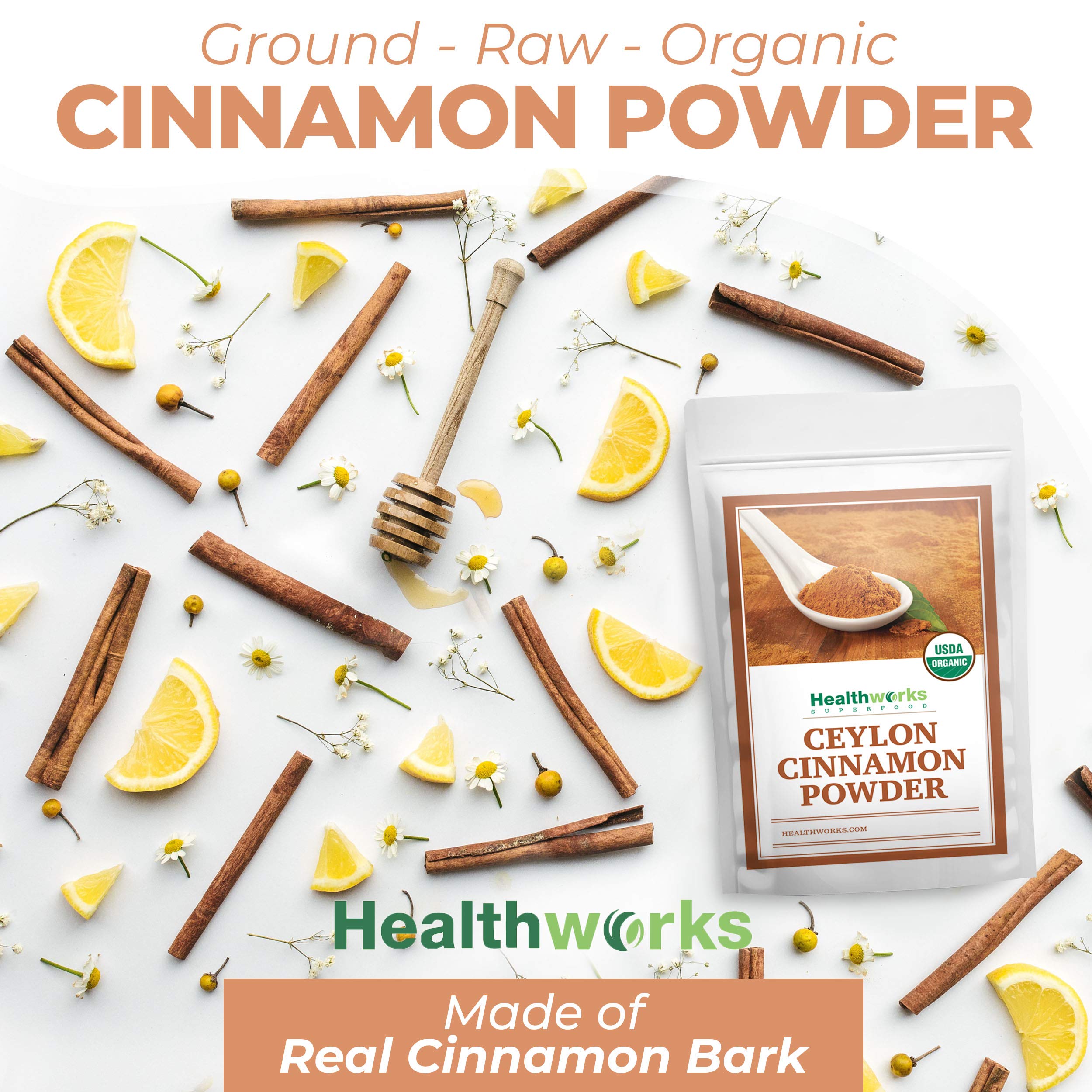 Healthworks Superfoods spoon heaping cinnamon, ideal portioning for recipes and beverages
