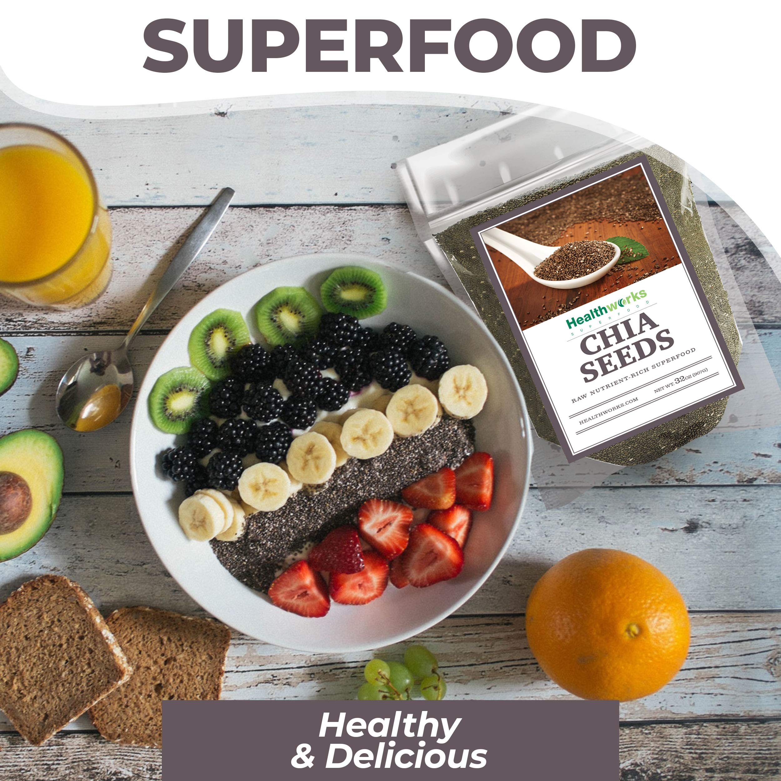 Healthworks Superfoods nutrition label close-up showing non-GMO and ingredient clarity