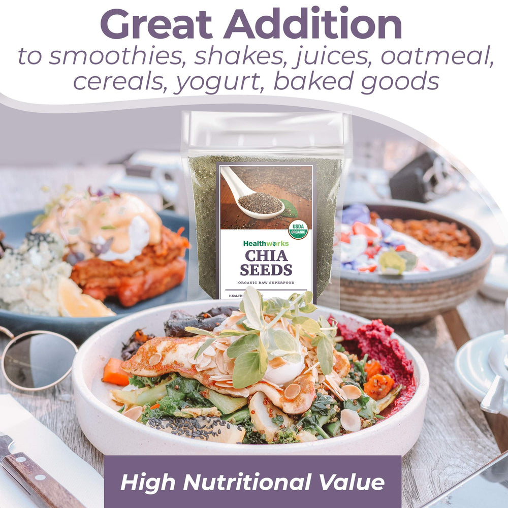 Healthworks spoonful of chia seeds ready to add to recipes showing easy portioning benefit