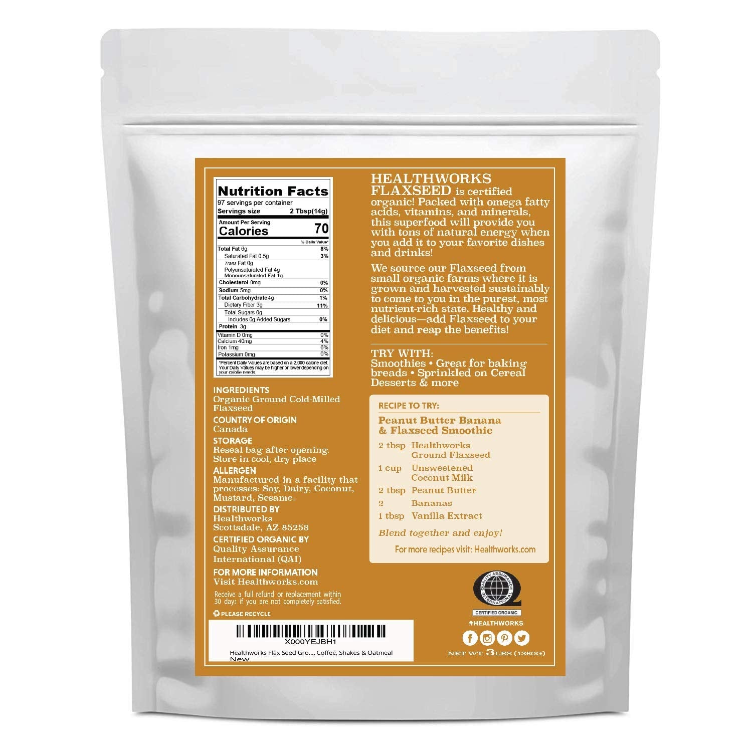 Healthworks close-up of fine flax powder texture and nutritional value