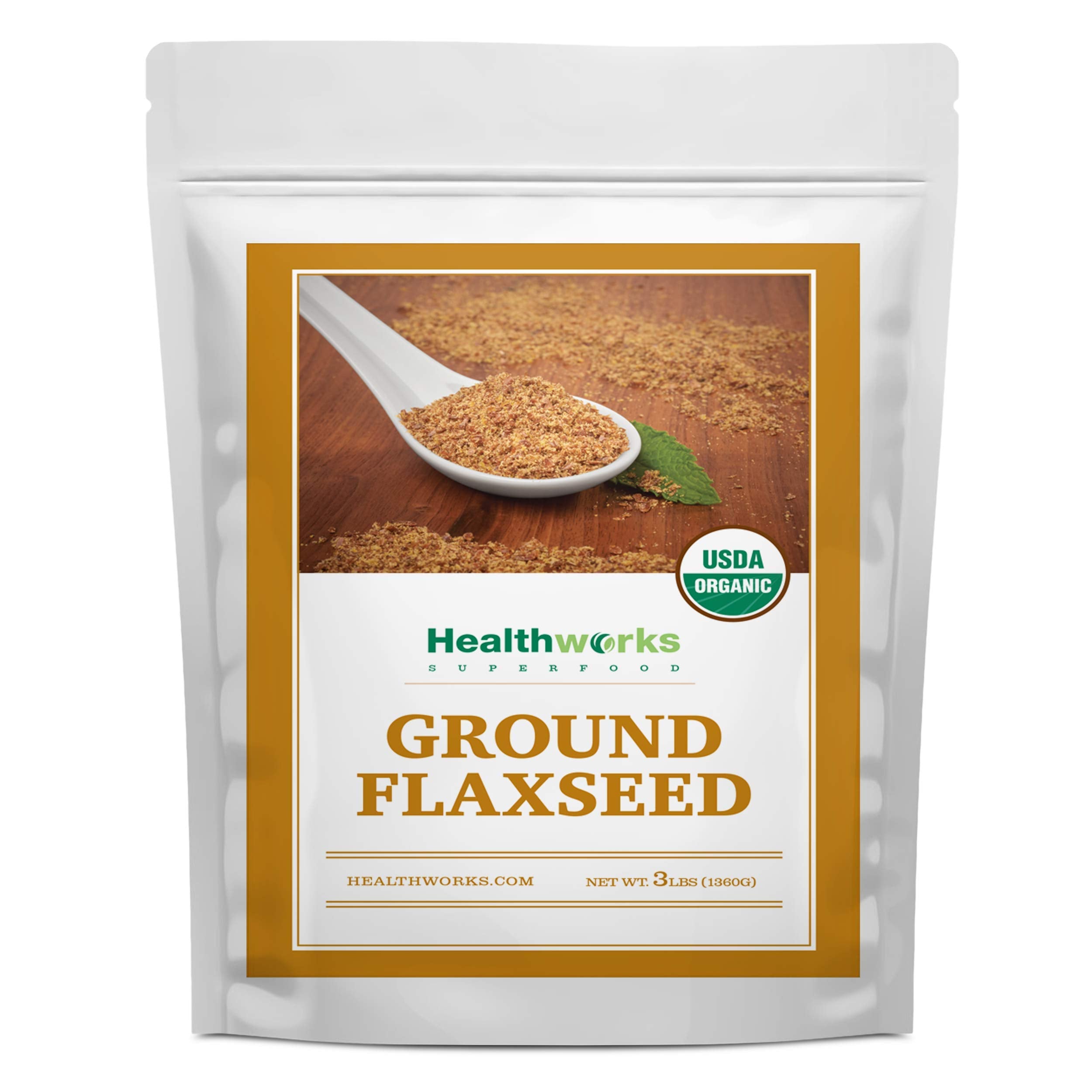 Healthworks front packaging showing organic ground flax benefits