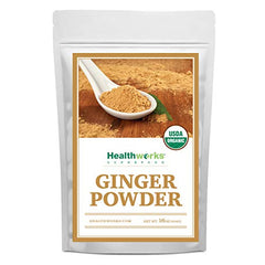 Healthworks Superfoods front pouch showing organic ginger powder and clear labeling for convenience