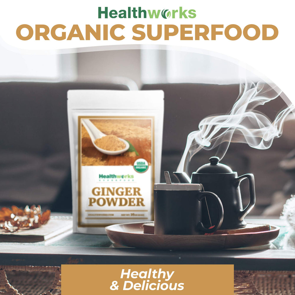 Healthworks Superfoods ginger powder next to a ruler for one-pound scale and portion clarity