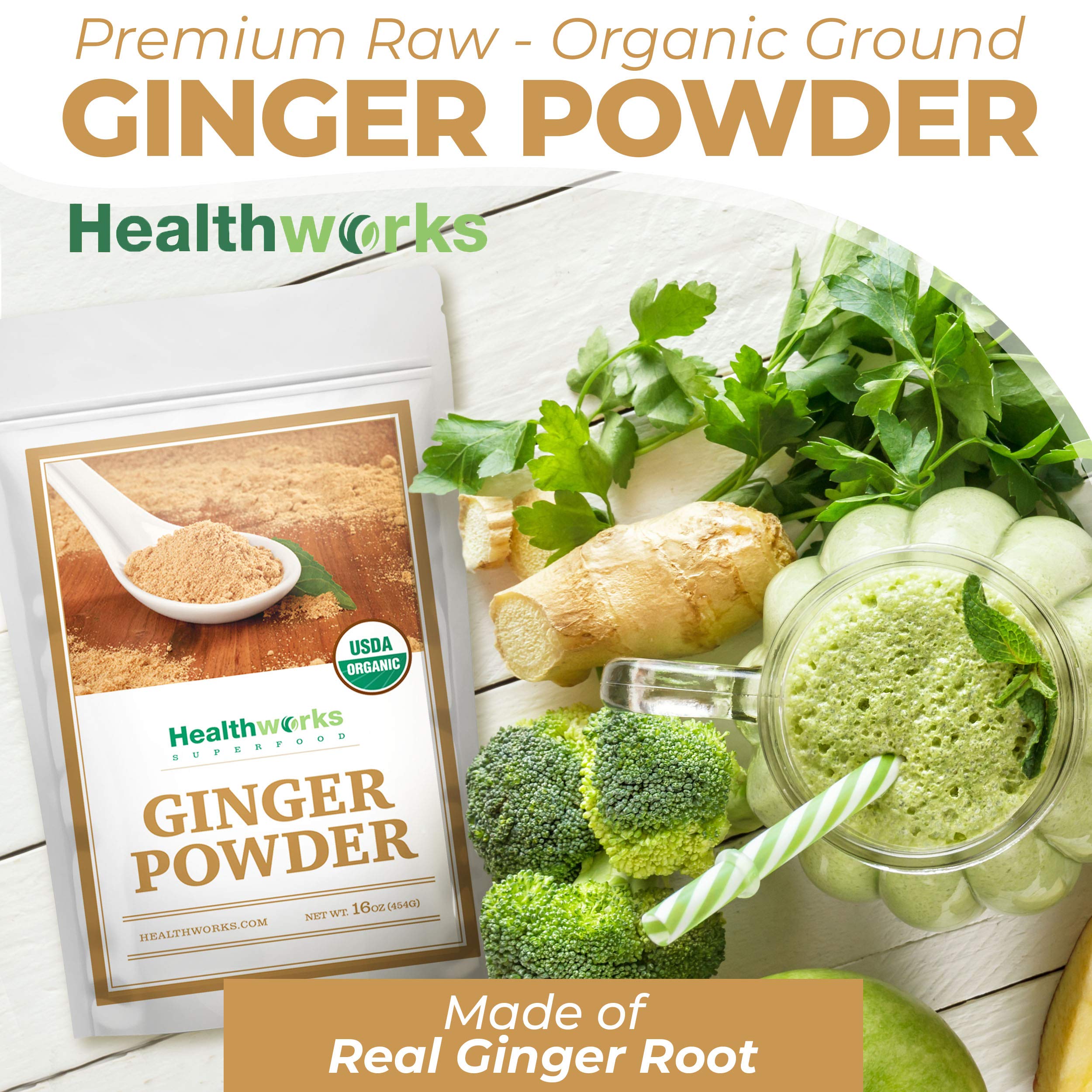 Healthworks Superfoods spoon with ginger powder ready to measure and add flavor to recipes