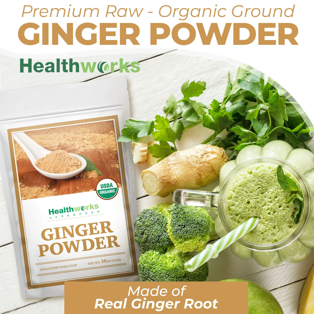 Healthworks Superfoods spoon with ginger powder ready to measure and add flavor to recipes
