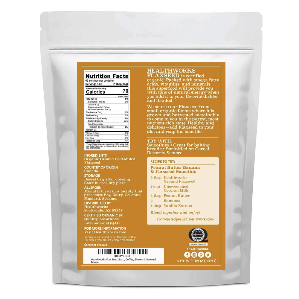 Healthworks Superfoods fine cold-milled flaxseed powder texture close-up highlighting smooth mixability
