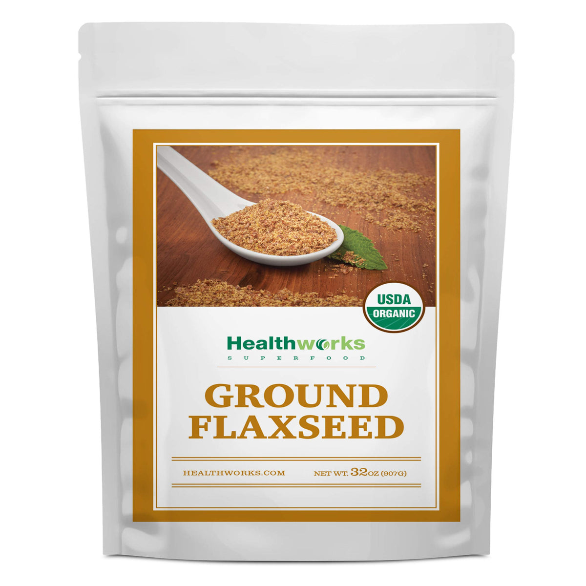 Healthworks Superfoods front packaging of 2 lb ground flaxseed showing branding and organic label for pantry convenience