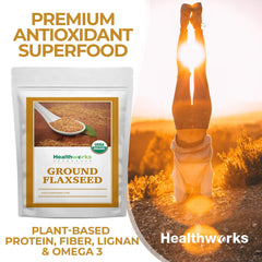 Healthworks Superfoods ground flaxseed blended into a green smoothie showing nutrient boost and creamy texture