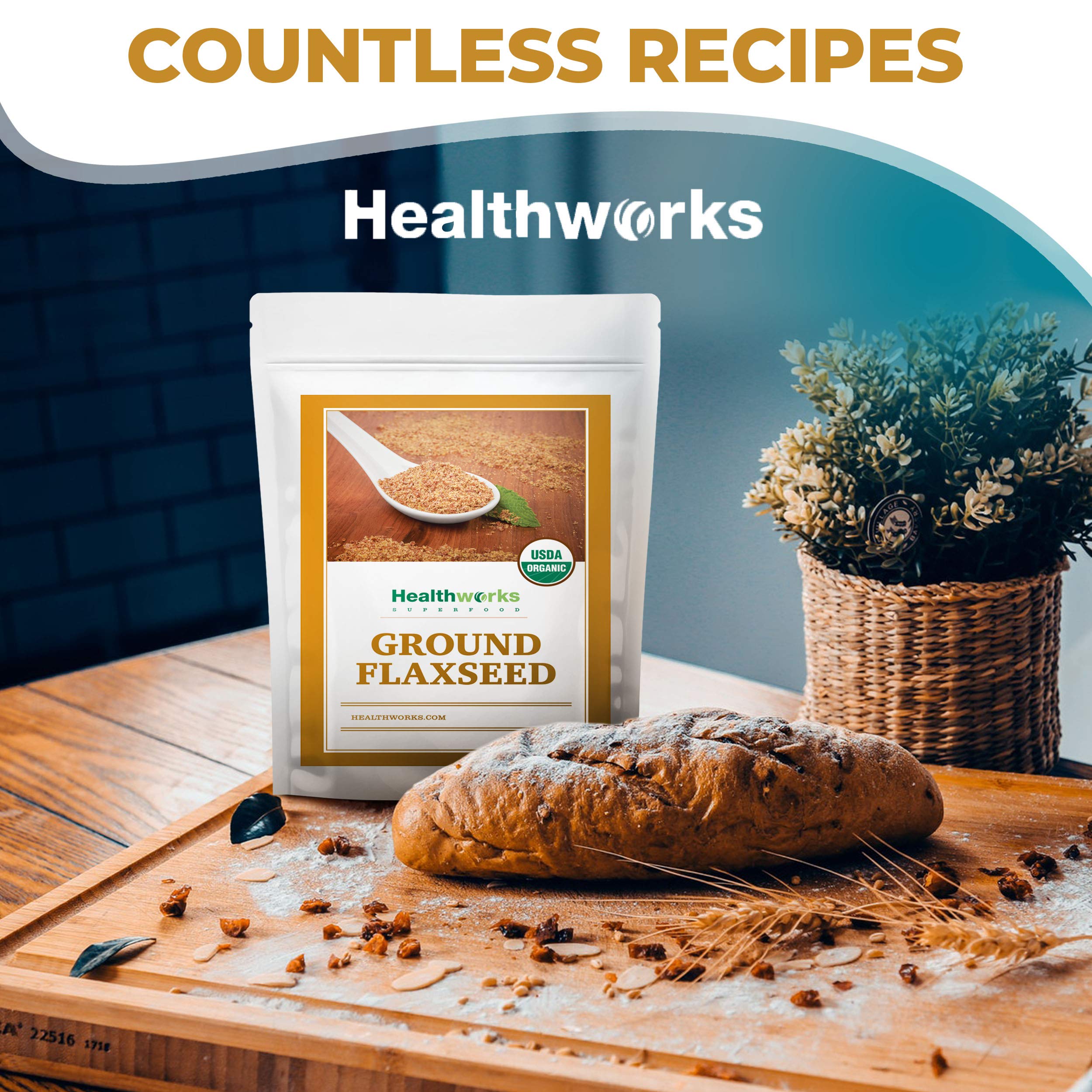 Healthworks Superfoods jar of ground flaxseed on a kitchen counter in a lifestyle scene for daily use inspiration