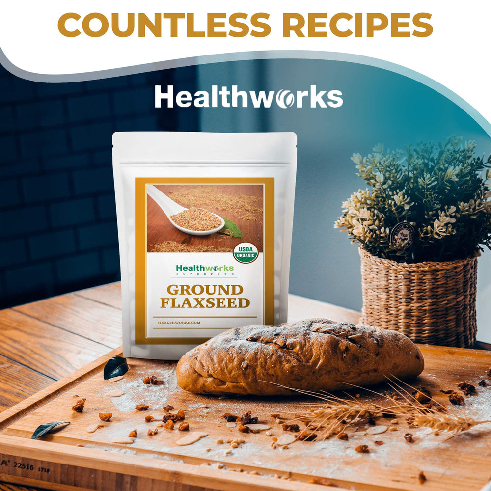Healthworks Superfoods jar of ground flaxseed on a kitchen counter in a lifestyle scene for daily use inspiration