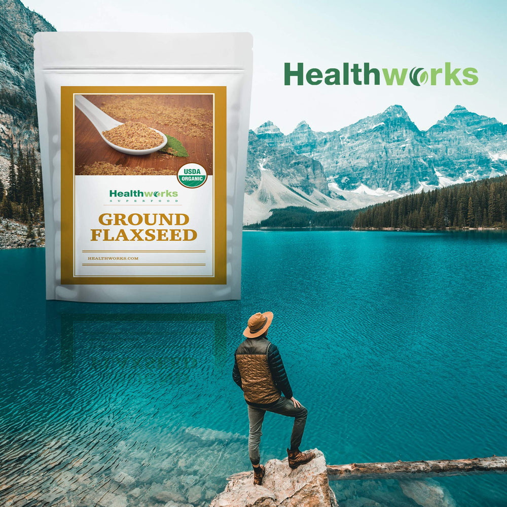 Healthworks Superfoods close-up on label details emphasizing organic certification and ingredient purity