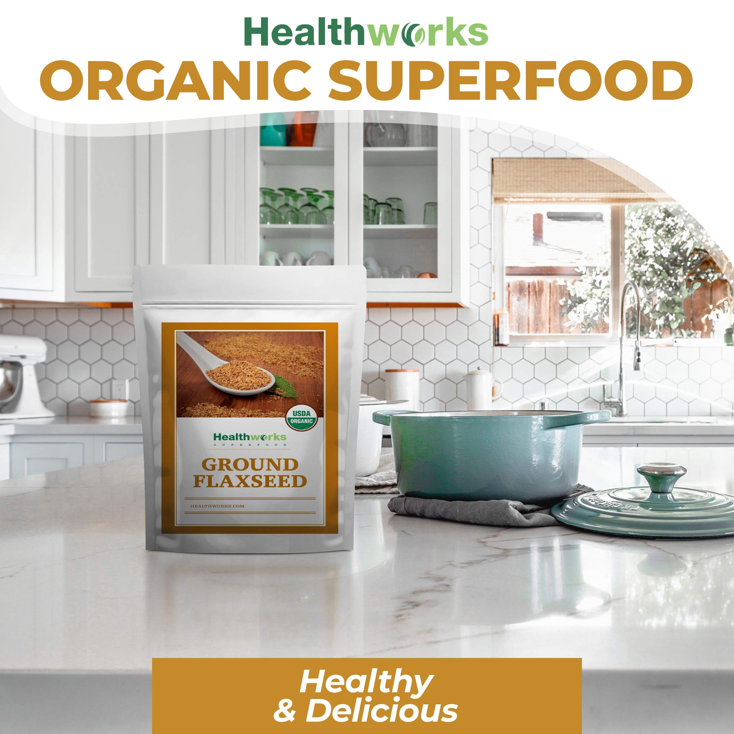 Healthworks Superfoods 2 lb bag beside a kitchen scale showing product weight and value per purchase